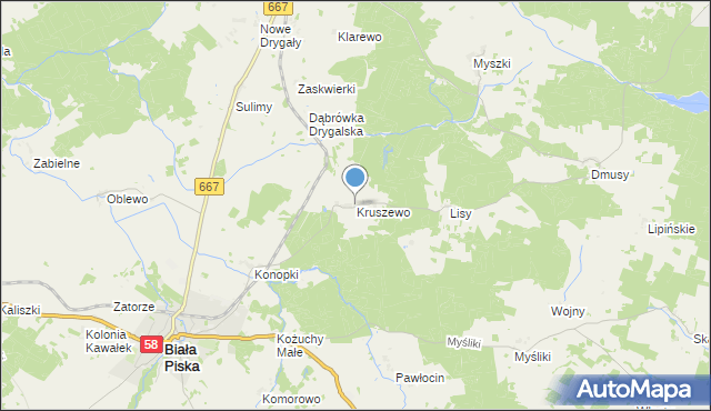 mapa Kruszewo, Kruszewo gmina Biała Piska na mapie Targeo
